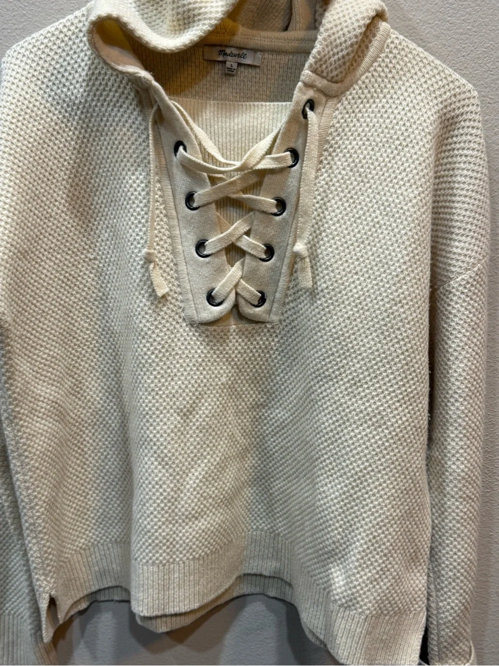 Madewell Jameson 100% Merino Wool Lace Up Waffle Knit Sweater Hoodie Cream - Picture 3 of 9